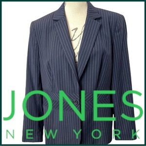 Jones New York Navy White Pinstripe Stretch One Button Blazer Jacket (16)